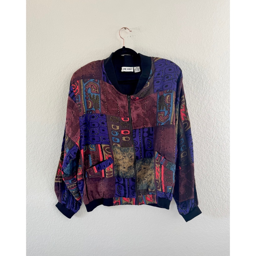 Jane‎ Ashley Bomber Jacket Womens Small Multicolor Vintage Beaded Rayon Abstract